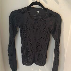 ALO Yoga Dark Gray Wanderer Cutout Distressed Long Sleeve Top